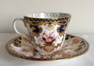 Vintage Royal Crown Derby Porcelain Flowers Basket & Gold Gilded Cup And Saucer