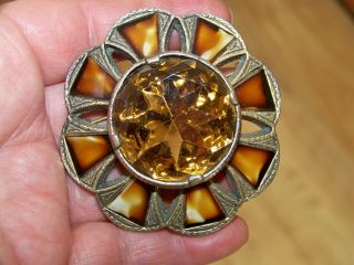 Large Vintage Signed Miracle Jewellery Scottish Celtic Citrine Agate Brooch Pin