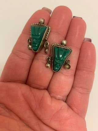 Vintage Sterling Silver Mexico Carved Jade Face Mask Screwback Earrings 3