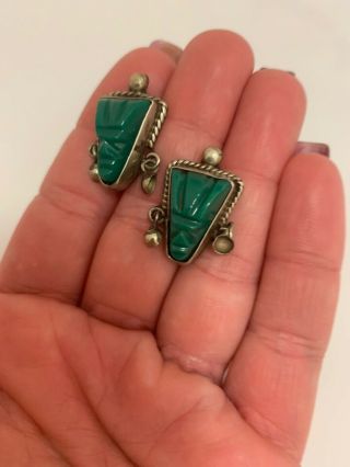 Vintage Sterling Silver Mexico Carved Jade Face Mask Screwback Earrings 4