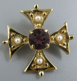 High End Vintage Jewelry Purple Pearl Maltese Cross Brooch Pin Rhinestone J