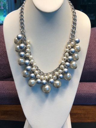 Vintage White Grey Dangle Charm Pearl Beaded Extra Large Bib Statement Necklace