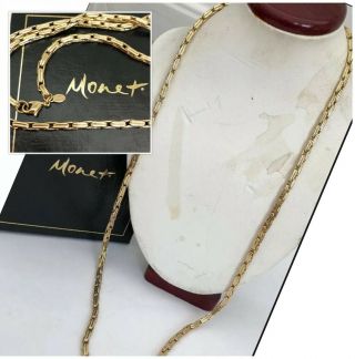 Vintage Jewellery Signed Monet Gold Plated Box Link Long Chain W/ Box