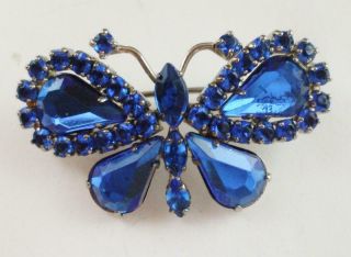 Pretty Vintage Blue Rhinestone Butterfly Pin Brooch W/prong Set Stones