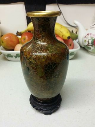 Vintage Chinese Cloisonne Oriental Decorated Enamel Vase On Stand - Lovely