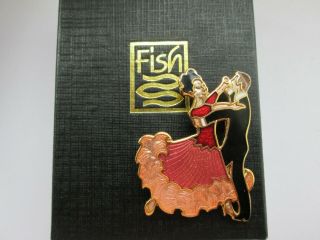 Vintage Signed Fish Pink Jet Red Cloisonne Enamel Ball Room Dancers Brooch Pin