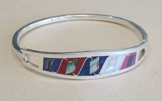 Vtg Women’s Taxco Mexico Sterling Silver Hinged Bracelet Abalone Inlay