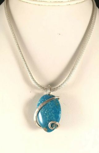 Stunning Vintage Sterling Silver 925 Mesh Necklace Turquoise Pendant 16”in