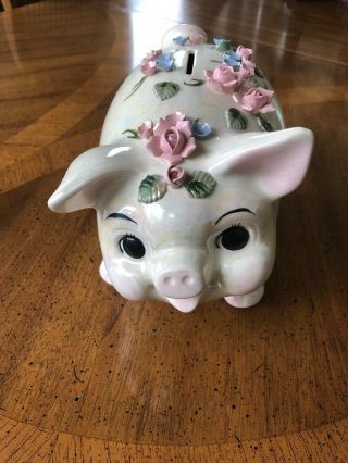 Vintage Ceramic Pig Piggy Bank Roses Flowers Opalescent Luster Lefton 2936