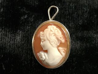 Vintage 925 Sterling Silver Carved Shell Cameo Brooch Pendant