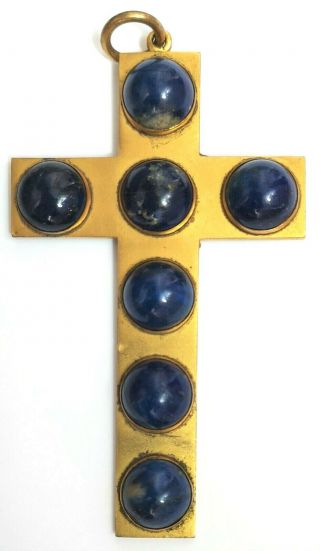 Vintage Large Cross Pendant Lapis Lazuli Crucifix Religious Necklace 48g