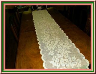 Fabulous Vintage Ivory Extra Long Lace Table Runner With Rose Design - 72 Ins.