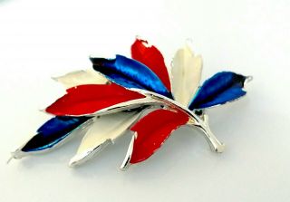 Leaf Brooch Patriotic Vintage Enamel Red White Blue Leaves Silver Tone Finish