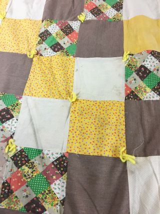 Vintage Handmade Calico Four Patch Quilt Hand Tied For Restoration 72 " X 73 "