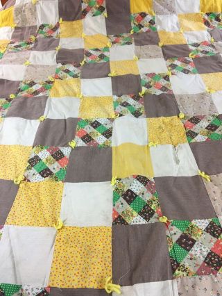VINTAGE HANDMADE CALICO FOUR PATCH QUILT HAND TIED FOR RESTORATION 72 