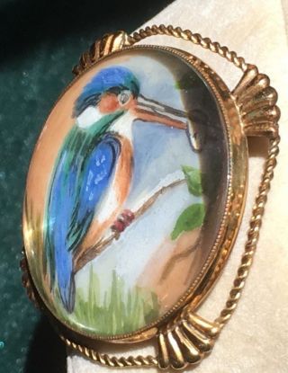 Vintage Thomas L.  Mott Brooch - Hand Painted Kingfisher Scene 3