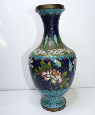 Large 9 1/2 Inch Vintage Chinese/japanese Cloisonne Vase,  Blue,  Peonies,  Blossom
