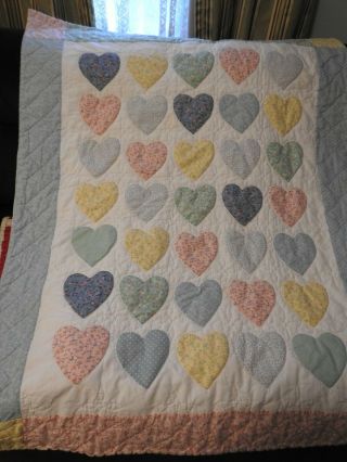 Vintage Small Hand Quilted Baby Blanket With Hearts 34 1/2x 44 In Approx.