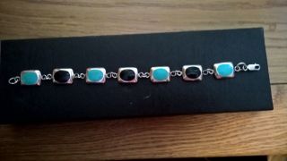 Vintage Bracelet Sterling Silver 925 Faux Turquoise & Onyx 19.  5cm / 7 1/2in