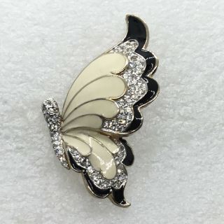Signed Panetta Vintage Butterfly Brooch Pin Black Cream Enamel Rhinestone