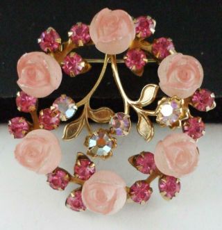 Pretty Vintage Flower Pin Brooch W/pink & Ab Rhinestones & Frosted Pink Flowers