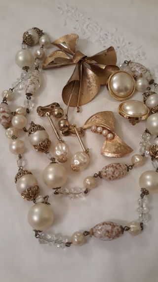 Vintage,  Earrings,  Necklace,  Faux Pearls,  Glass Beads,  2 Brooches,  1 Signed Capri