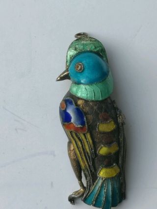Vintage Art Deco Jewellery,  Fabulous Enamel Exotic Bird Pendant.