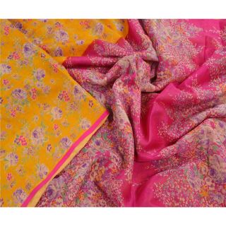 Sanskriti Vintage 100 Pure Silk Saree Yellow Printed Sari Craft 5 Yard Fabric