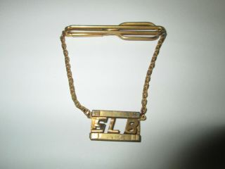 Vintage Swank Tie Clasp Bar With Chain & Monogram Initials Slb S L B