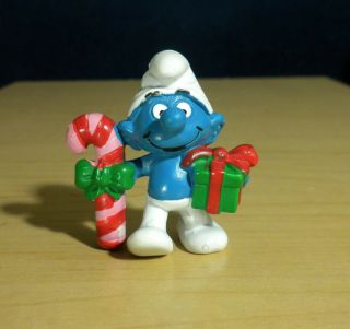 Smurfs 20207 Christmas Candy Cane & Gift Smurf Present Vintage Figure Pvc Toy