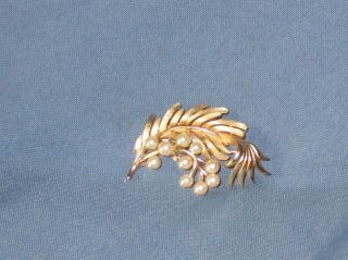 Vintage Signed Crown Trifari Gold - Tone Metal Faux Pearl Pin Brooch