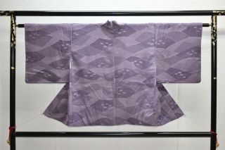 Vintage Silk Kimono Jacket:grey Purple Evergreen Landscape@yn32