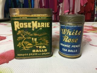 2 Vintage Tea Tins Rose Marie Tea Balls & White Rose Orange Pekoe Tea Balls