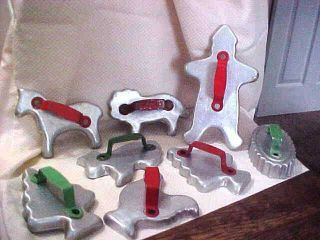 8 Vintage Tin Cookie Cutters Applied Metal Handles Painted Red Or Green