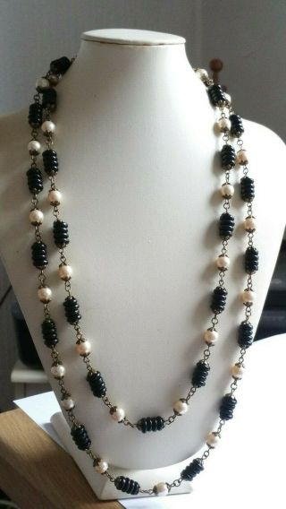 Czech Black/pearl Glass Bead Flapper Necklace Vintage Deco Style