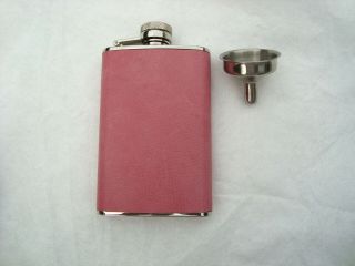 Vintage Ladies Leather Wrapped Flask Stainless Steel 3 & 1/2 Oz With Funnel