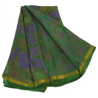 Tcw Vintage Green Saree 100 Pure Silk Printed Zari Border Fabric Sari 2
