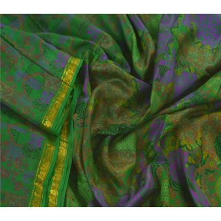 Tcw Vintage Green Saree 100 Pure Silk Printed Zari Border Fabric Sari 3