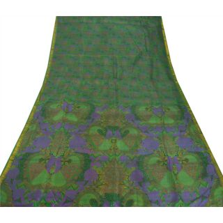 Tcw Vintage Green Saree 100 Pure Silk Printed Zari Border Fabric Sari 4