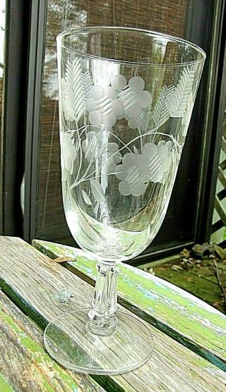 Four Vintage Hand Cut Crystal Water Glass - Floral Flower Leaf 8 " Tall.