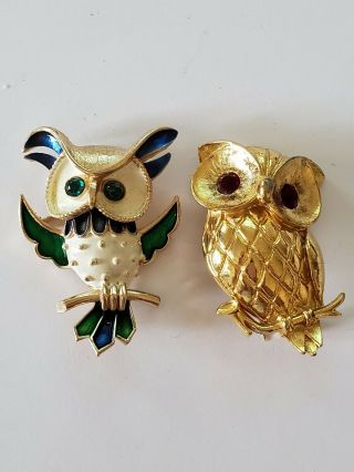 Vintage Estate Jewelry 2 Owl Bird Pins Enamel