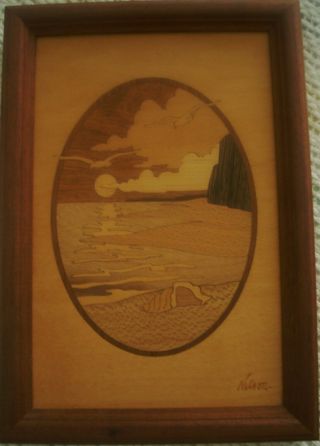 Vtg Hudson River Wood Inlay Marquetry " Seascape " By Nelson Framed 6&3/4x9&3/4