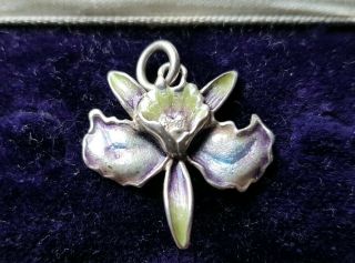 Vintage Sterling Silver Enamel Orchid Pendant
