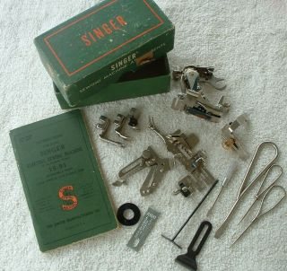 Vintage Singer Sewing Machine Assorted Presser Feet & Attachments W/ 1941 Book