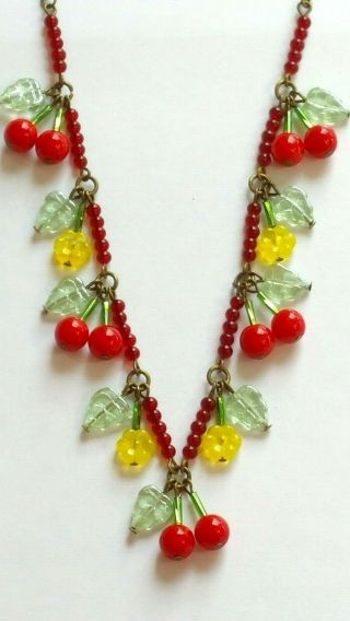 Czech Cherry And Flower Glass Bead Necklace Vintage Deco Style