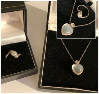 Vintage Jewellery 925 Silver Moonstone Heart Pendant & Ring Size O