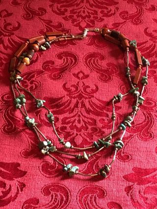 Vintage Liquid Sterling Silver Turquoise Nugget Necklace 3 Strands Wood Western