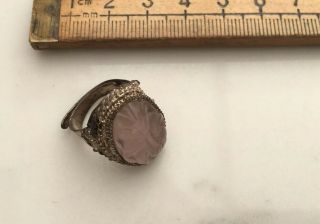 A Vintage Ring,  Vintage Carved Rose Quartz Ring,  White Metal,  Stamped China