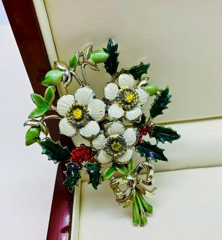 Vintage Jewellery Signed Exquisite Enamel Christmas Rose Flower Brooch/pin