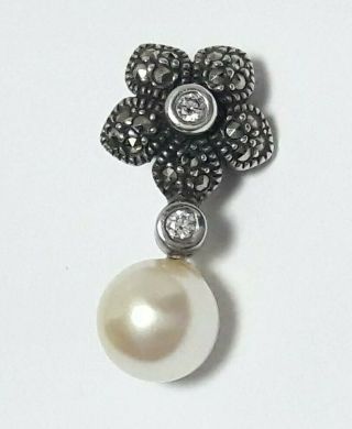 Vintage Jj Judith Jack Sterling Marcasite & Faux Pearl Flower Pendant Charm 20p